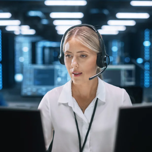 A woman in a headset and headphones, focused on her computer, exemplifying a call center workforce management role.