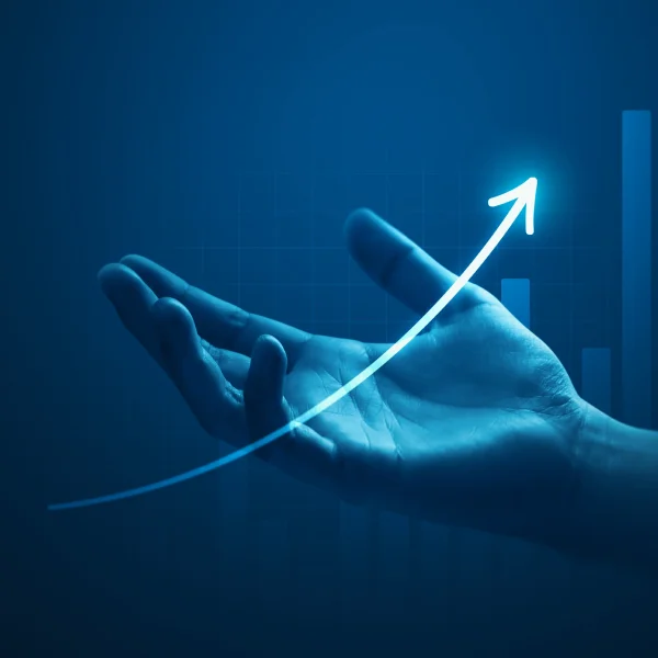 A hand holding an upward-pointing arrow against a blue background, symbolizing growth and lead generation.